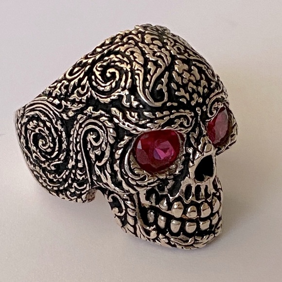 925 sterling silver bike biker skull ring red cz - Picture 6 of 6